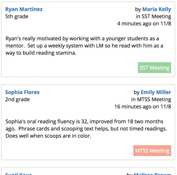 Various student note examples such as "Ryan's really motivated by working with a younger student as a mentor. Set up a weekly system with LM so he read with as a way to build reading stamina."